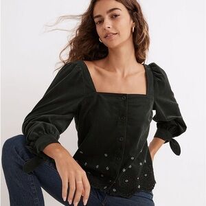 NWT Madewell Embroidered  Eyelet Corduroy Tie-Sleeve Top